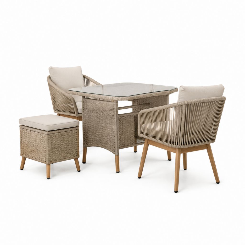 4-teiliges Gartenmöbel-Set Beige mit PE-Rattan Seilbespannung und rechteckigem Glastisch 120 x 70 x 75 cm