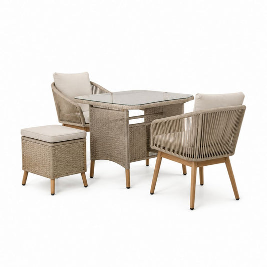 4-teiliges Gartenmöbel-Set Beige mit PE-Rattan Seilbespannung und rechteckigem Glastisch 120 x 70 x 75 cm