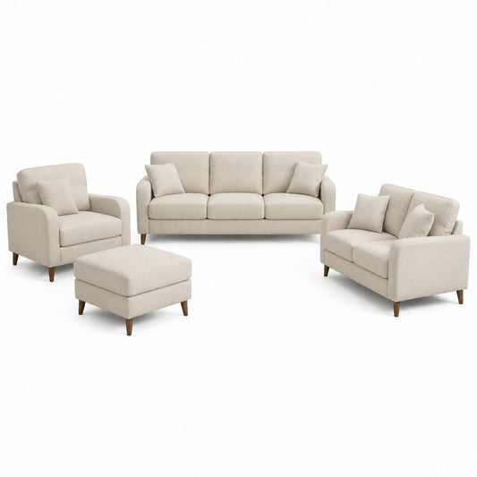 Sofagarnitur 4-teilig Creme Polyester Rechteckig mit 3-Sitzer 2-Sitzer Sessel und Hocker 210 x 88 x 86 cm