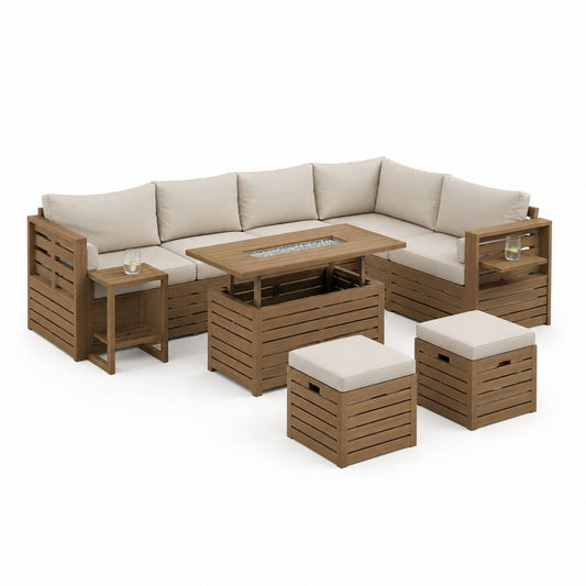 7-teiliges Gartenlounge-Set mit Ecksofa Feuerstelltisch Hockern Akazienholz Beige 240 x 240 cm